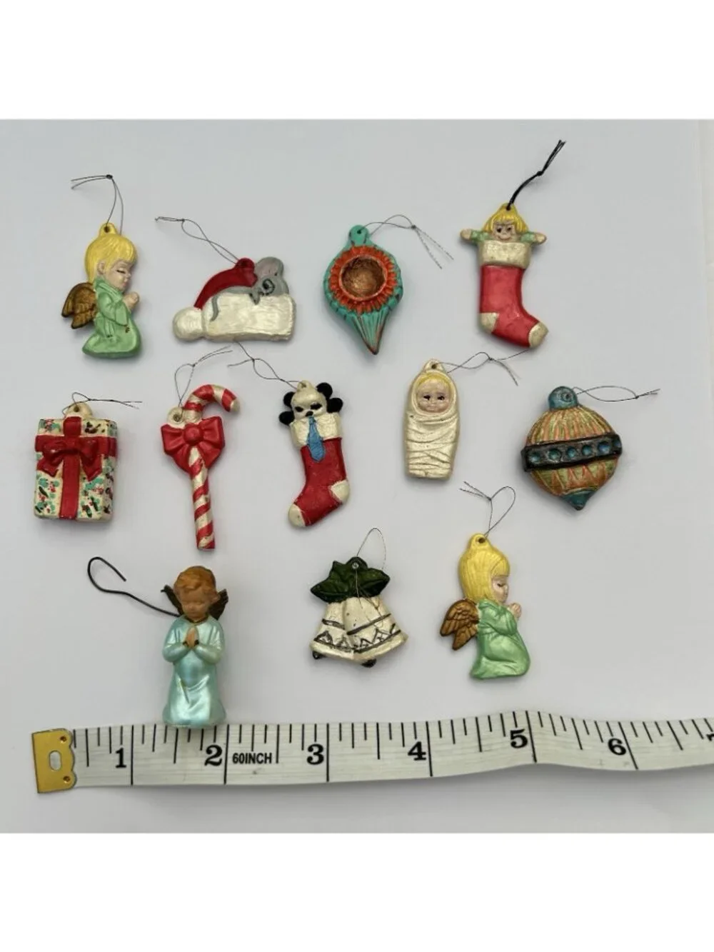 Vintage Handpainted Mini Ceramic Christmas Tree Ornaments Set of 12 Holiday